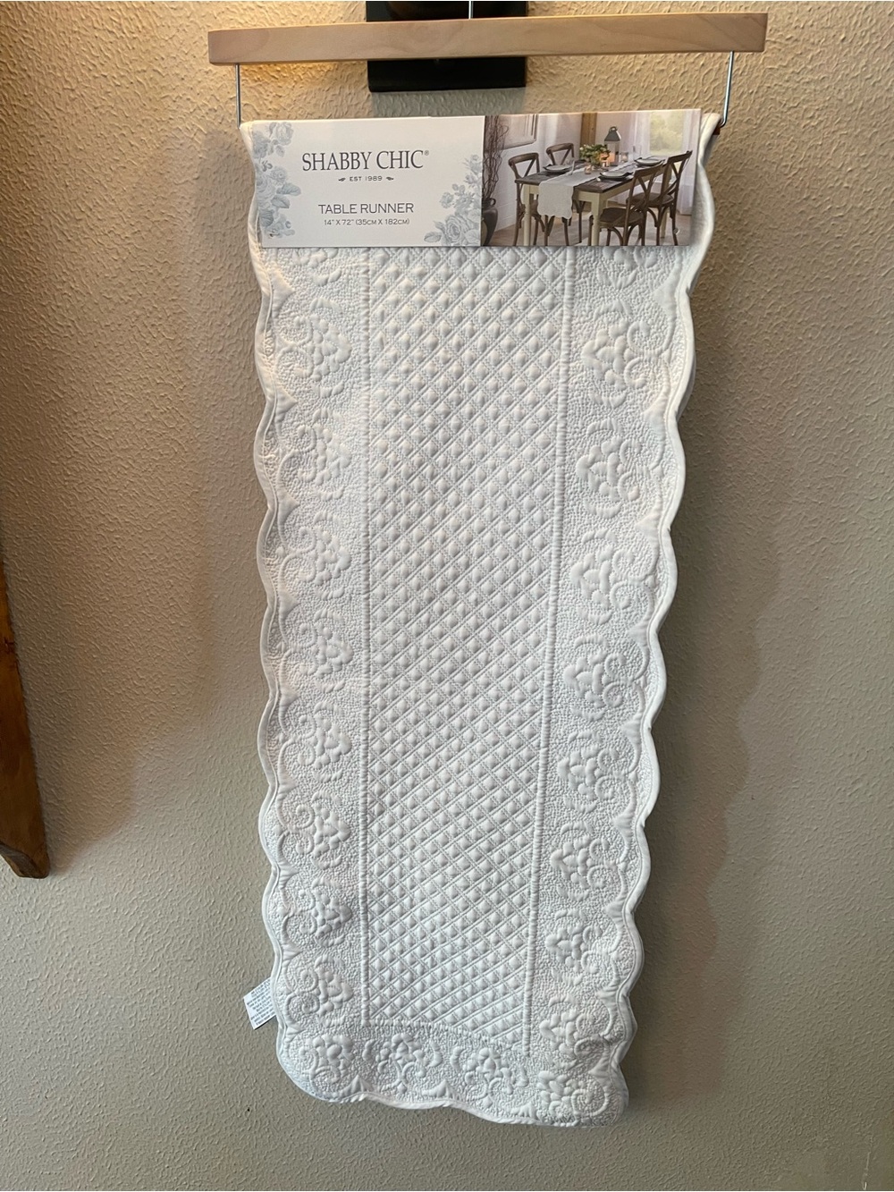 Shabby Chic quilted cotton blend 14”x72” white scalloped table runner-Brand New!